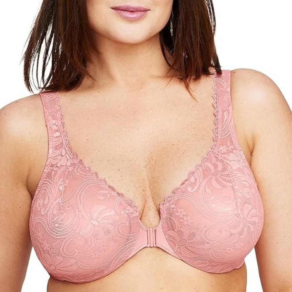 GLAMORISE 9245 Womens Size 36F FRONT CLOSE WONDER WIRE LACE BRA Pink